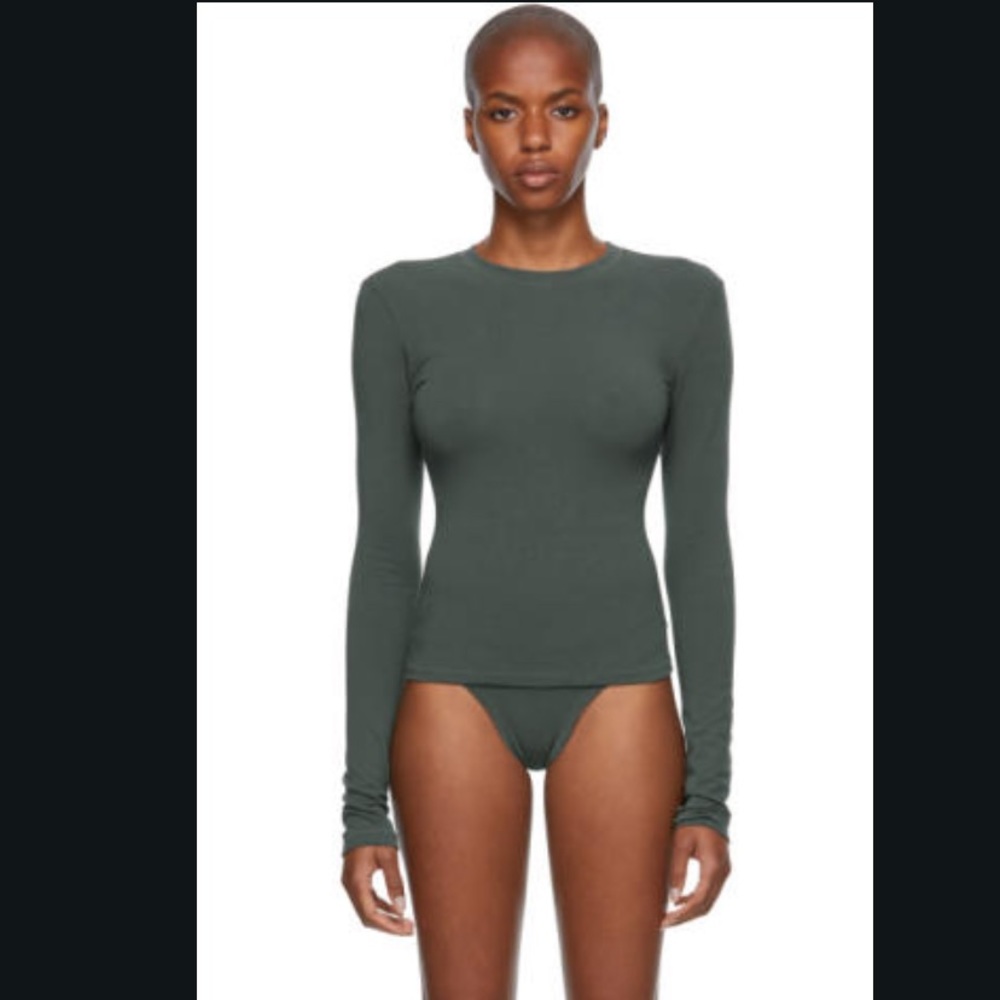 Skims Dark Green Cotton 2.0 Jersey Long Sleeve T- Shirt